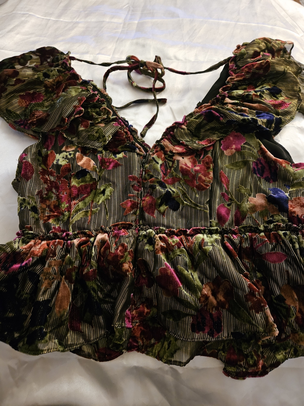 Floral Ruffled V-Neck Women’s Top in Olive Green